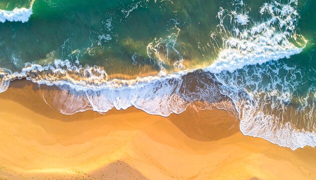 Aerial view of waves crashing onto a golden sandy beach, shimmering in the sunlight