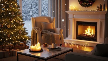 Cozy living room with Christmas tree and fireplace