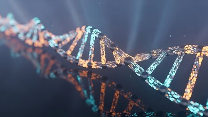 Digital DNA structure with glowing lights symbolizing advanced genetic technology.