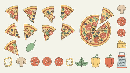 Delicious Pizza Illustration with Toppings and Slices.