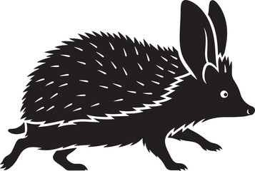 Stylized black silhouette of a running spiky animal, unique blend of hedgehog and rabbit features, vector graphic