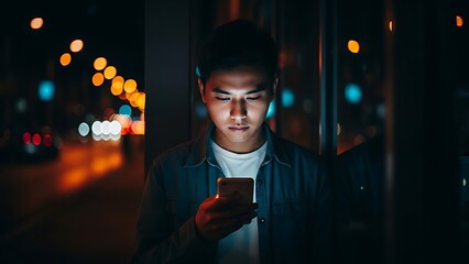 Young Man Engaged with Smartphone in City at Night