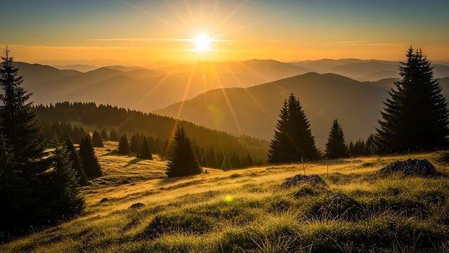 Golden mountain sunrise illuminates a serene alpine landscape with majestic trees.