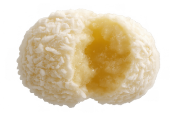 Coconut almond confection featuring a crunchy exterior and a soft, smooth cream filling, offering a sweet and delicate taste