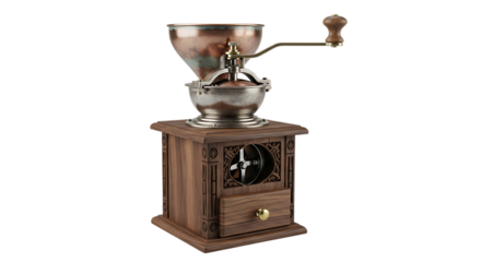 Vintage wooden coffee grinder with metal hopper and crank against a black background
