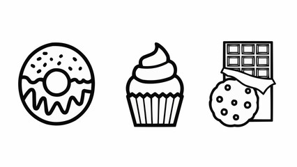 Delicious Assortment of Sweet Treats and Desserts Line Art Icons.