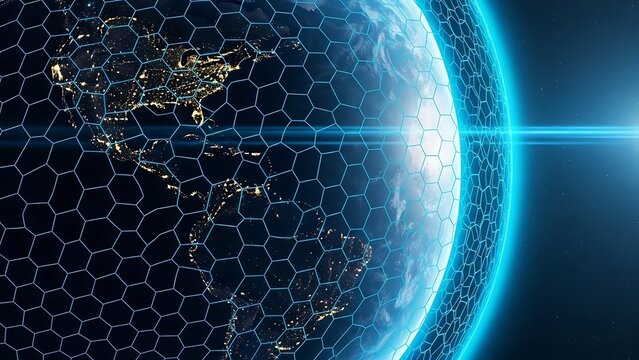 Global network connection over Earth protected by a digital grid in space.