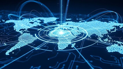 Global digital network connection over a shimmering world map