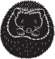 Stylized black and white vector illustration of a cute hedgehog curled up looking forward on a clean white background.