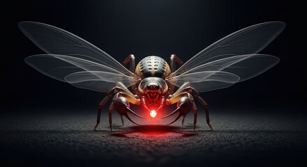 Winged arachnid with bioluminescent feature poised in subdued illumination for eerie presence