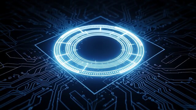 Glowing digital circuit board with futuristic core symbolizing technology and AI.