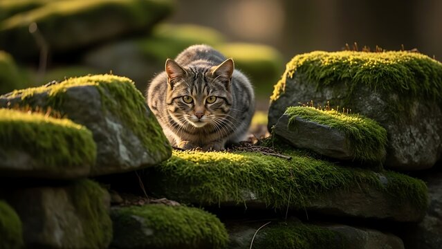 A wildcat crouches on moss-covered rocks, alert and focused.