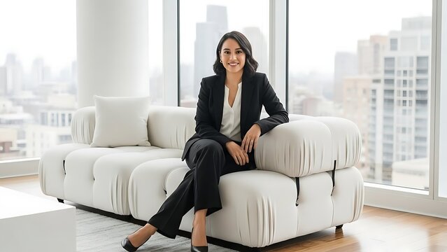Confident professional woman relaxing in a modern office with city views. - Powered by Adobe
