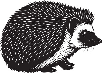 A detailed black and white stylized vector illustration of a wild hedgehog, featuring its iconic spiky coat for nature designs.