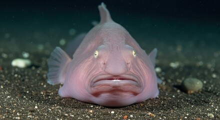 Underwater portrait captures the unique and doleful expression of a blobfish residing on the dark