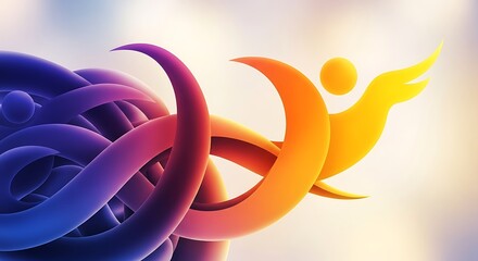 Vibrant abstract illustration of tangled blue forms transforming into a fiery bird symbol, representing freedom, innovation, and creative evolution