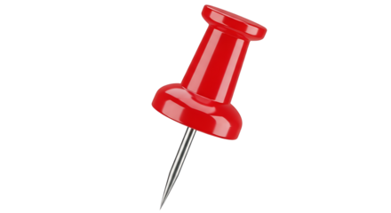Bright red plastic thumbtack with sharp metal pin isolated on black background