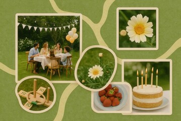 Joyful outdoor celebration featuring family gathering with desserts and games surrounded by greenery and floral aesthetics creating a warm inviting atmosphere