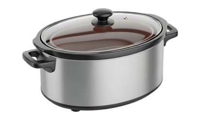 Modern silver slow cooker with clear glass lid on a black background