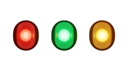 Three illuminated oval lights in red green and yellow against a stark black background
