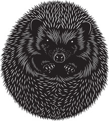 Stylized black and white illustration of a hedgehog curled up, looking forward, isolated against a clean background