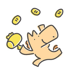 打ち出の小槌を振る笑顔で走る馬キャラクターと小判　正月素材