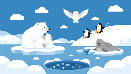 Flat cute kids vector featuring polar bear, penguins, seal, and snowy owl in a frozen winter habitat. Ideal for educational posters, flashcards, and playful winter content © Amie