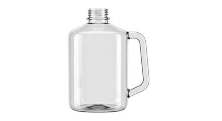 Clear plastic bottle with integrated handle for beverages or liquids on a black background