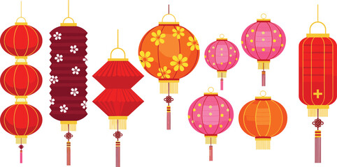 Colorful Chinese lanterns vector collection, traditional Asian paper lamps set for Lunar New Year and Mid-Autumn festival celebration decoration.