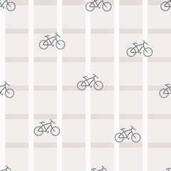 Minimalist Bicycle Seamless Pattern. Outline vector print of mountain bikes on a soft striped background. Sport and lifestyle theme