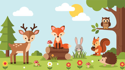 Naklejka premium Flat cute kids vector meadow scene with deer, fox, rabbit, squirrel, owl, and hedgehog surrounded by flowers. Great for nursery decor, preschool content, and children design