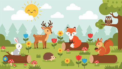 Fototapeta premium Flat cute kids vector meadow scene with deer, fox, rabbit, squirrel, owl, and hedgehog surrounded by flowers. Great for nursery decor, preschool content, and children design