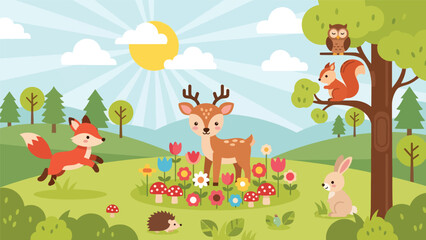 Naklejka premium Flat cute kids vector meadow scene with deer, fox, rabbit, squirrel, owl, and hedgehog surrounded by flowers. Great for nursery decor, preschool content, and children design