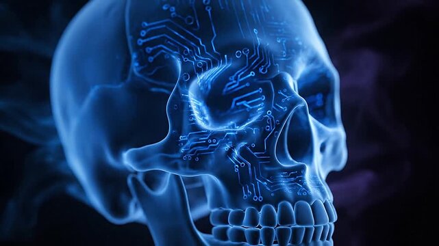 Animate a translucent skull revealing glowing circuit patterns