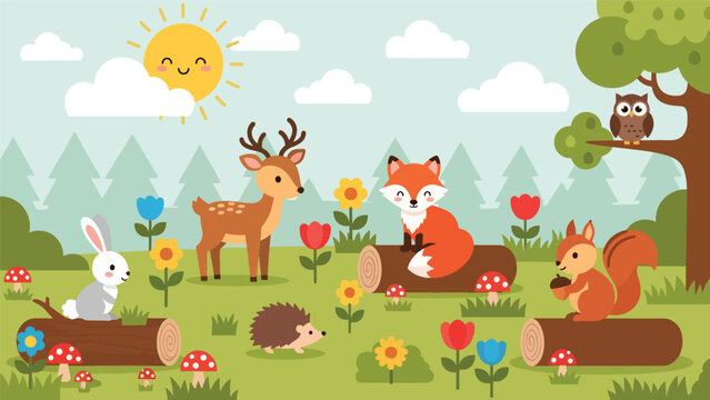Flat cute kids vector meadow scene with deer, fox, rabbit, squirrel, owl, and hedgehog surrounded by flowers. Great for nursery decor, preschool content, and children design
