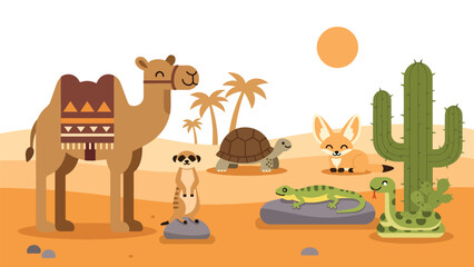Flat style cute kids vector desert scene with camel, meerkat, tortoise, lizard, fennec fox, and cactus near an oasis. Perfect for learning materials and travel-themed kids artwork © Amie