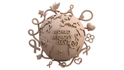 3D globe with 'World Leprosy Day' text surrounded by awareness ribbons and floral shapes, symbolizing global health and support for disease awareness