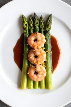 Healthy Meal: Large Prawns Stir-Fried with Fresh Green Asparagus in a Rich Soy Sauce, Topped with Crispy Garlic.