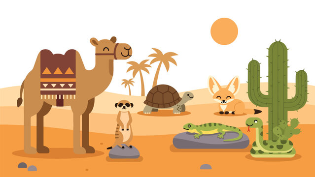 Flat style cute kids vector desert scene with camel, meerkat, tortoise, lizard, fennec fox, and cactus near an oasis. Perfect for learning materials and travel-themed kids artwork