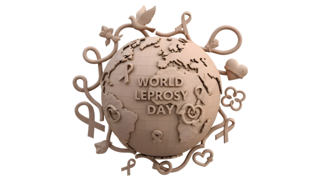 3D globe with 'World Leprosy Day' text surrounded by awareness ribbons and floral shapes, symbolizing global health and support for disease awareness - Powered by Adobe