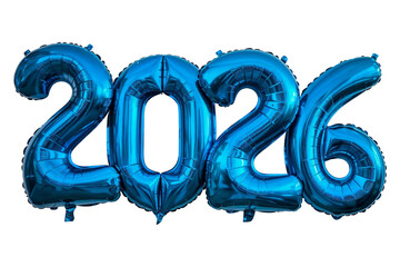 Metallic blue foil balloons shaped as the number 2026 on a clean white background. Modern New Year celebration concept suitable for holiday promotions, event branding, and digital marketing layouts.