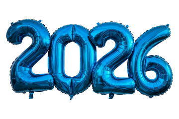 Metallic blue foil balloons shaped as the number 2026 on a clean white background. Modern New Year celebration concept suitable for holiday promotions, event branding, and digital marketing layouts.