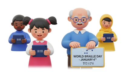 Diverse children and elderly man holding braille tablets and sign for World Braille Day January 4, inclusivity and accessibility concept