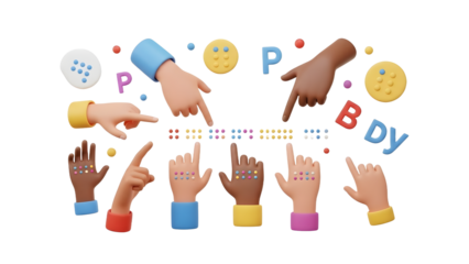 Diverse hands pointing at pixelated colorful text with letters and symbols, 3D illustration, perfect for digital education or technology themes