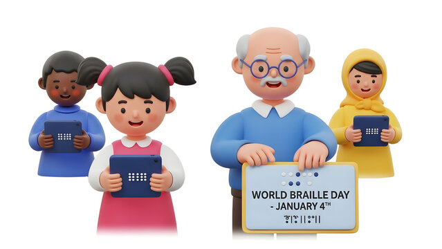 Diverse children and elderly man holding braille tablets and sign for World Braille Day January 4, inclusivity and accessibility concept