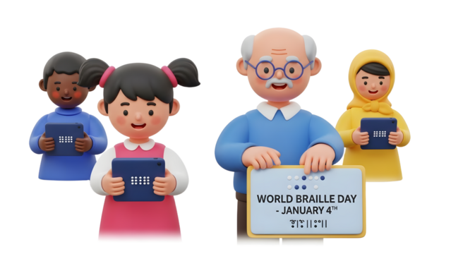 Diverse children and elderly man holding braille tablets and sign for World Braille Day January 4, inclusivity and accessibility concept