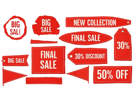 Exciting red sale tags collection promoting new collections, final sales, and discounts for eye-catching marketing and promotional campaigns, originally vector