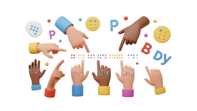 Diverse hands pointing at pixelated colorful text with letters and symbols, 3D illustration, perfect for digital education or technology themes - Powered by Adobe