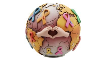 3D illustration of hands forming a heart shape over a colorful awareness ribbon globe representing global health and cancer awareness