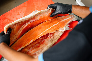 Salmon Filleting Process &ndash; Chef Cutting Fresh Salmon Fish for Cooking Preparation